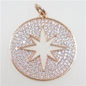 copper button northStar pendant paved zircon, rose gold, approx 23mm dia