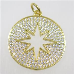 copper button northStar pendant paved zircon, gold plated, approx 23mm dia