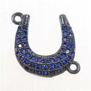 copper connector paved blue zircon, U-shape, black plated, approx 12-13mm