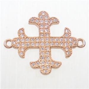 copper Cross connector paved zircon, rose gold, approx 18mm dia