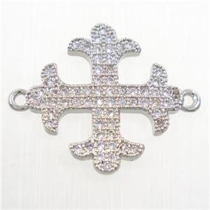 copper Cross connector paved zircon, platinum plated, approx 18mm dia