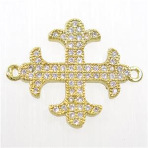 copper Cross connector paved zircon, gold plated, approx 18mm dia