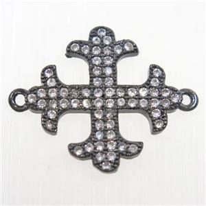 copper Cross connector paved zircon, black plated, approx 18mm dia