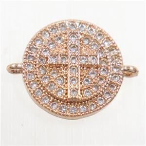 copper button cross connector paved zircon, rose gold, approx 13mm dia