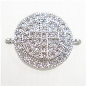 copper button cross connector paved zircon, platinum plated, approx 13mm dia