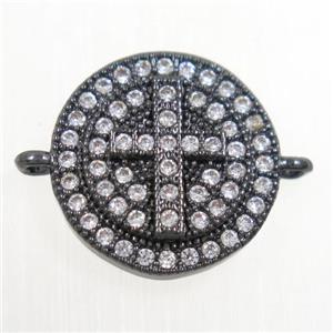 copper button cross connector paved zircon, black plated, approx 13mm dia