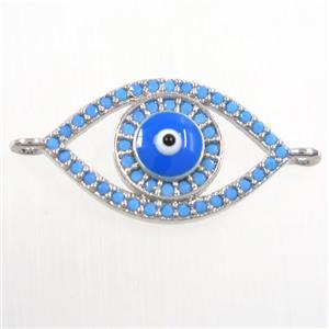copper connector paved zircon, evil eye, turq, platinum plated, approx 14-23mm