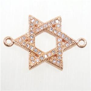 copper david star connector paved zircon, rose gold, approx 16-18mm