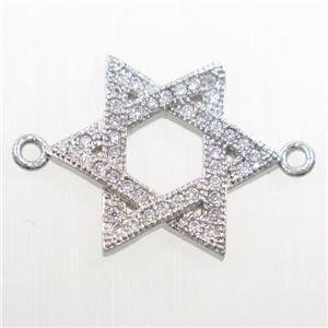 copper david star connector paved zircon, platinum plated, approx 16-18mm