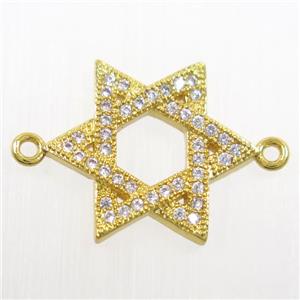 copper Hexagram connector paved zircon, gold plated, approx 16-18mm