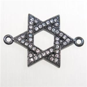 copper Hexagram connector paved zircon, black plated, approx 16-18mm