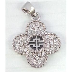 Copper Clover Pendant Pave Zircon Platinum Plated, approx 17x20mm