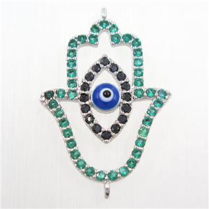 copper HamsaHand connector paved green zircon, evil eye, platinum plated, approx 19-25mm