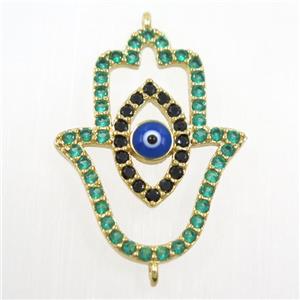 copper HamsaHand connector paved green zircon, evil eye, gold plated, approx 19-25mm