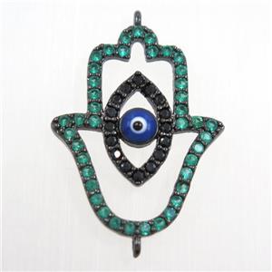 copper HamsaHand connector paved green zircon, evil eye, black plated, approx 19-25mm