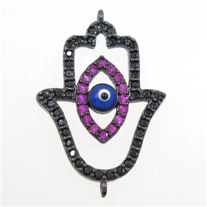 copper HamsaHand connector paved zircon, evil eye, black plated, approx 19-25mm