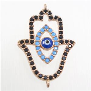 copper HamsaHand connector paved zircon, evil eye, rose gold, approx 19-25mm