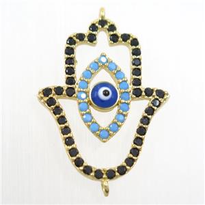 copper HamsaHand connector paved zircon, evil eye, gold plated, approx 19-25mm