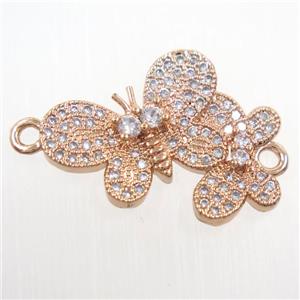 copper Butterfly connector paved zircon, rose gold, approx 16-22mm