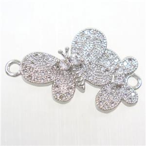 copper Butterfly connector paved zircon, platinum plated, approx 16-22mm