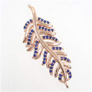 copper Leaf connector paved blue zircon, rose gold, approx 15-38mm