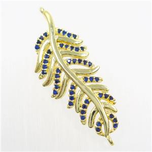 copper Leaf connector paved blue zircon, gold plated, approx 15-38mm