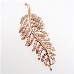 copper Leaf connector paved zircon, rose gold, approx 15-38mm