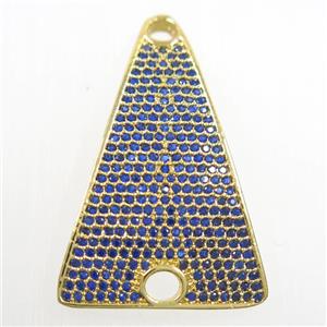copper Triangle connector paved blue zircon, gold plated, approx 21-32mm