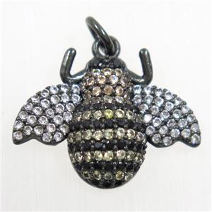 copper Honeybee charm pendants paved zircon, black plated, approx 15-20mm