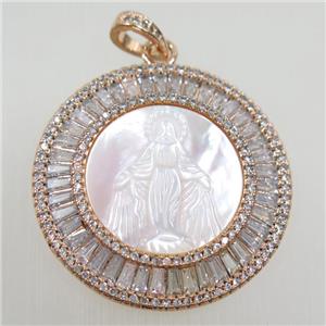 copper circle pendant paved zircon, shell Jesus, rose gold, approx 36mm dia