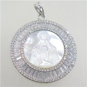 copper circle pendant paved zircon, shell Jesus, platinum plated, approx 36mm dia