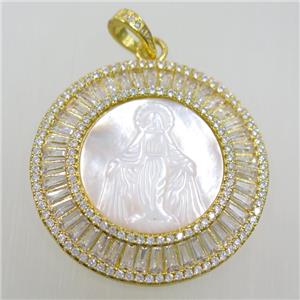 copper circle pendant paved zircon, shell Jesus, gold plated, approx 36mm dia