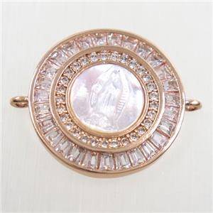copper circle connector paved zircon, shell Jesus, rose gold, approx 20mm dia