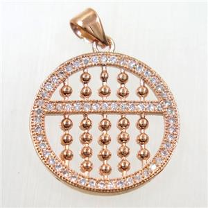 copper Susanpan pendant paved zircon, rose gold, approx 20mm dia