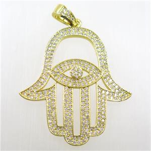 copper Hamsa Hand pendant paved zircon, gold plated, approx 35-38mm
