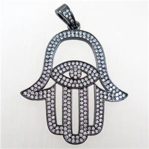 copper Hamsa Hand pendant paved zircon, black plated, approx 35-38mm