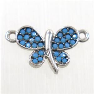 copper Butterfly connector paved zircon, platinum plated, approx 9-12mm
