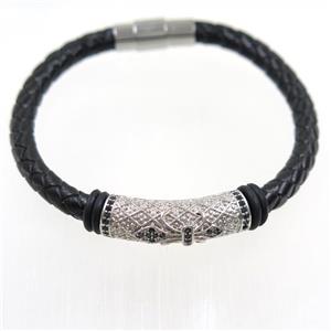 black PU leather cuff bracelet with copper beads pave zircon, approx 60mm dia