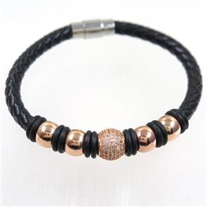 black PU leather cuff bracelet with copper beads pave zircon, approx 60mm dia