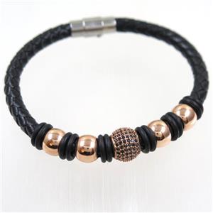 black PU leather bracelet with copper beads pave zircon, approx 60mm dia