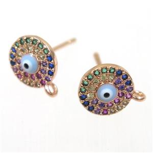copper Earring Studs paved zircon, evil eye, rose gold, approx 9mm dia