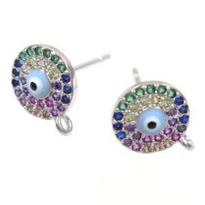 copper Earring Studs paved zircon, evil eye, platinum plated, approx 9mm dia