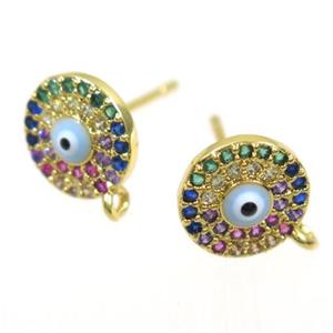 copper Earring Studs paved zircon, evil eye, gold plated, approx 9mm dia