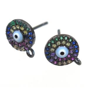 copper circle Earring Studs paved zircon, evil eye, black plated, approx 9mm dia