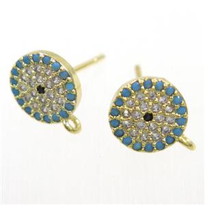 copper Earring Studs paved zircon, gold plated, approx 9mm dia