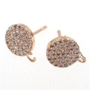 copper circle Earring Studs paved zircon, rose gold, approx 9mm dia