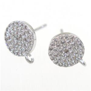copper Earring Studs paved zircon, platinum plated, approx 9mm dia