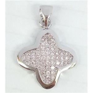 Copper Clover Pendant Pave Zircon Platinum Plated, approx 16mm dia