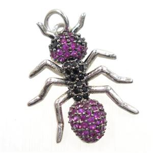 copper Ant pendant paved zircon, platinum plated, approx 17-22mm