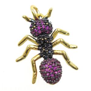 copper Ant pendant paved zircon, gold plated, approx 17-22mm